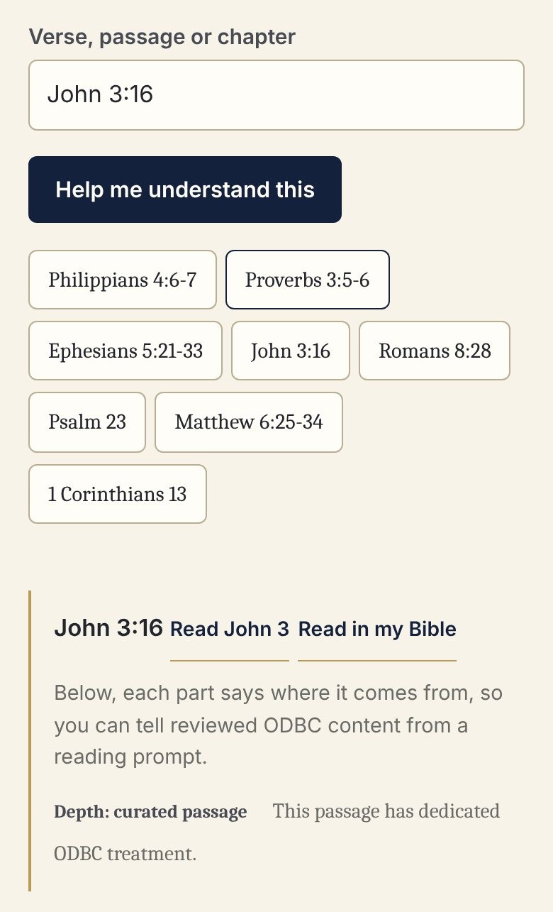 Help Me Understand This in the app. A passage reference has been entered, with links to read the whole chapter or open it in your own Bible, and a short note on what the passage is about.
