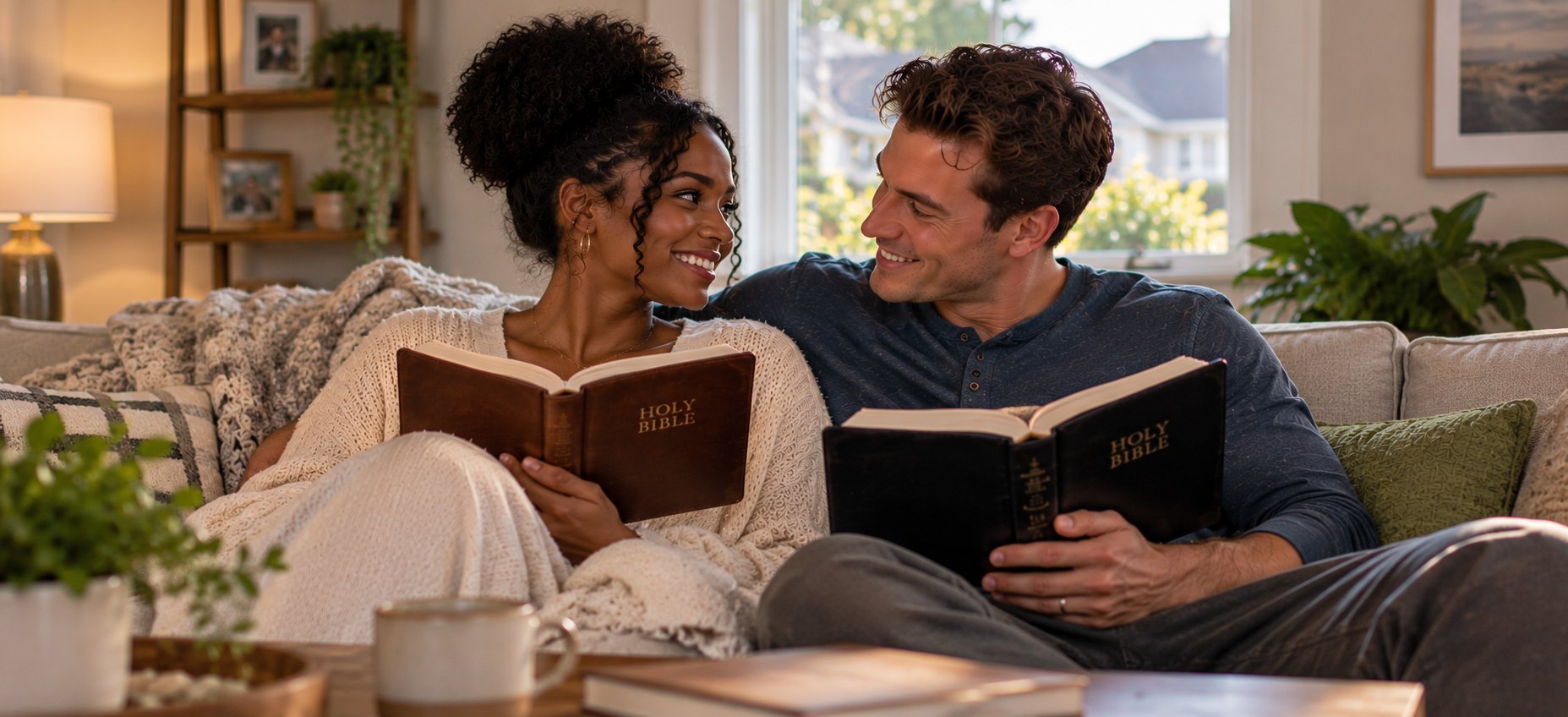 A couple on a sofa at home, smiling at each other. Each holds an open Bible.