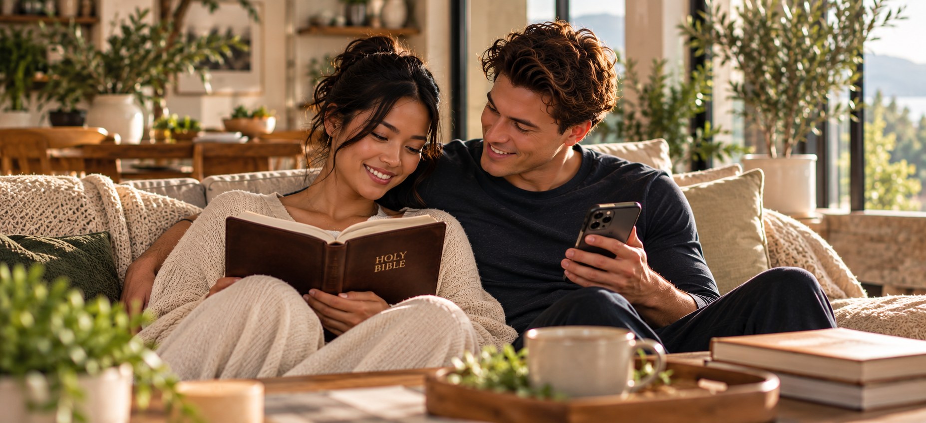A couple relaxing on a sofa at home. She smiles as she reads an open Bible, and he smiles at her while holding his phone.
