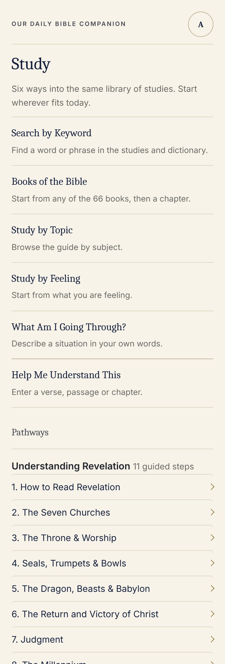 The Study screen in the app with the six entry points.